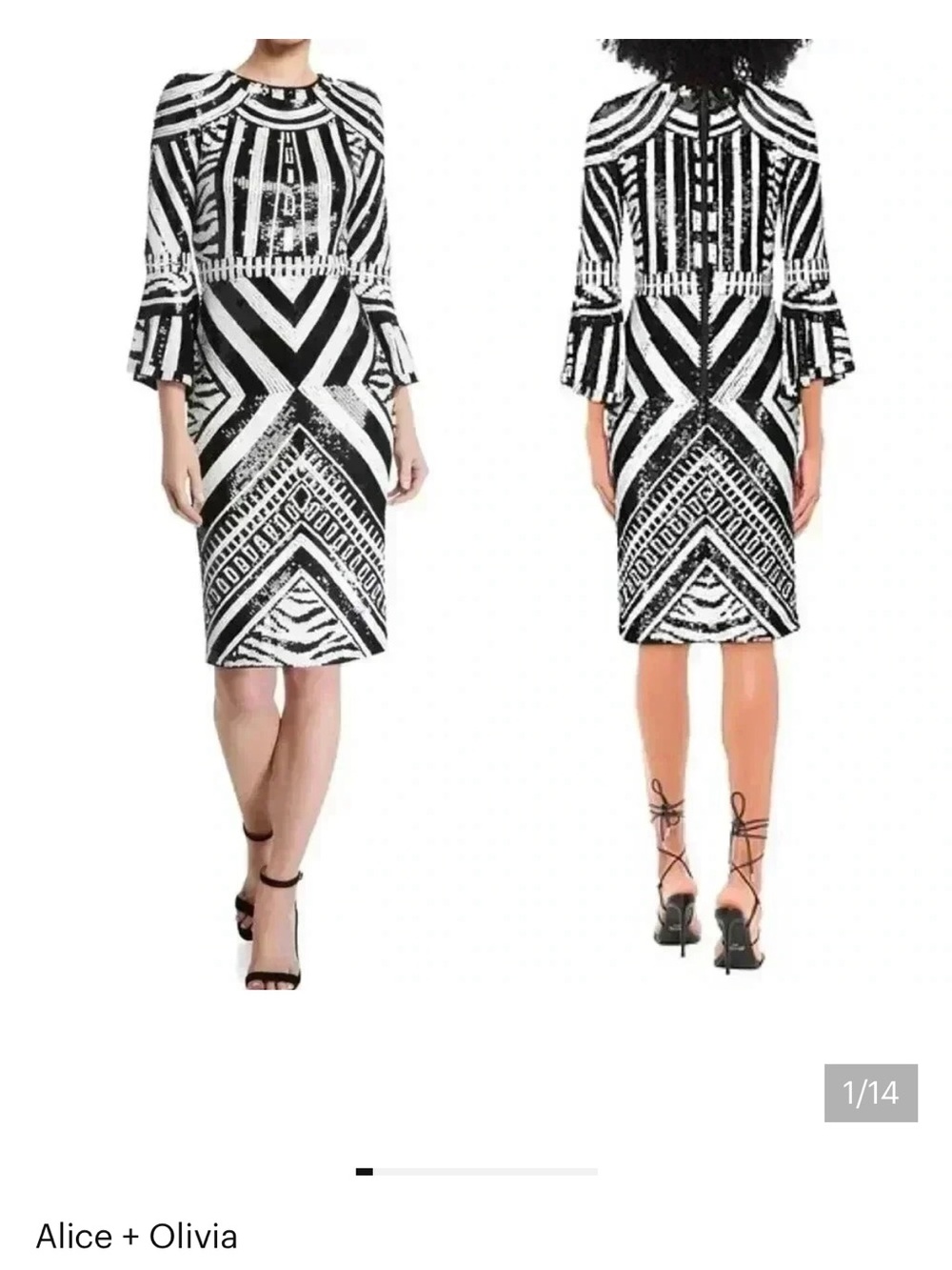 Alice and Olivia Black & White Geometric Sequin Cocktail Dress